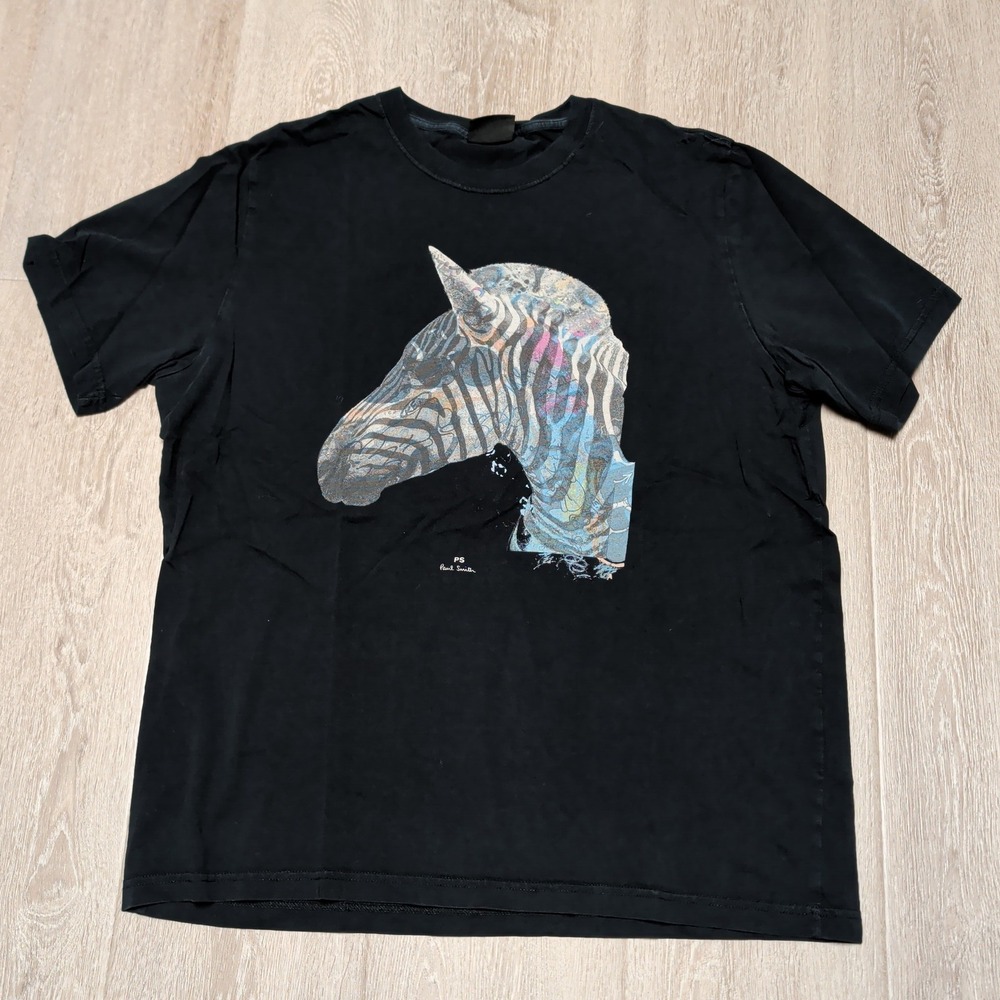 Rare PS Paul Smith Zebra Graphic T-Shirt Mens XL Black Short Sleeve Cotton Artsy